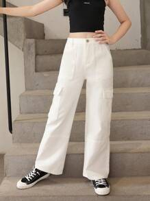 Tween Girl Flap Pocket Side Cargo Jeans - White - View 3