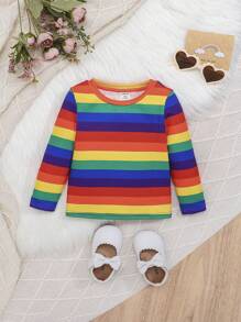 SHEIN Baby Girl Rainbow Striped Print Tee - Blue - View 1