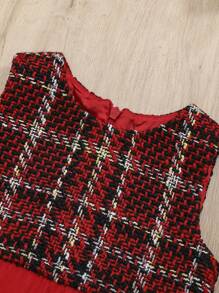 SHEIN Baby Girl Plaid Print Statement Collar Jacket & Mesh Overlay Dress