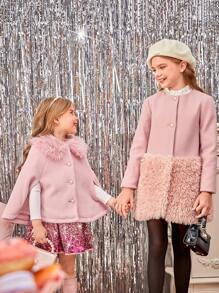 SHEIN Young Girl Fuzzy Collar Cloak Sleeve Overcoat - Pink - View 7