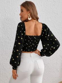 SHEIN VCAY Floral Print Square Neck Lantern Sleeve Crop Blouse - White - View 2