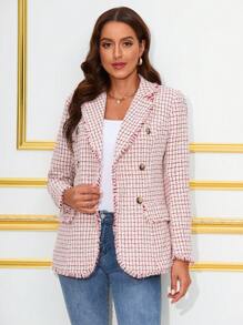 SHEIN Clasi Hoa văn kẻ sọc Xén Thô Đôi ngực Tweed Áo vest - Nhiều màu - Xem 6