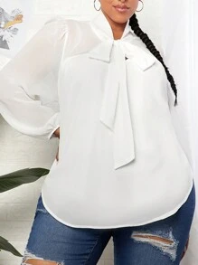 SHEIN CURVE+ Hơn Cà vạt Tay áo lồng đèn Áo sơ mi - trắng - Xem 1