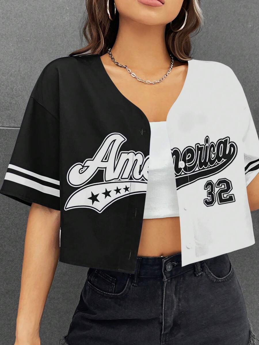 SHEIN EZwear 字母圖案雙色落肩袖短款襯衫 - 黑與白 - 查看 1