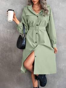 Chiquease 翻蓋口袋插肩袖腰帶襯衫洋裝 - 薄荷綠 - 查看 3