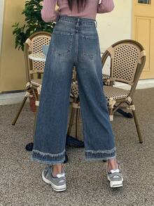 DAZY 毛邊緣闊腿牛仔褲 - 中等水洗藍 - 查看 2