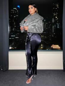 SHEIN SXY 大翻領開門襟短款毛茸茸外套 - 灰色 - 查看 8