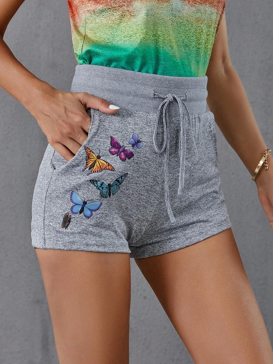 SHEIN LUNE Butterfly Print Drawstring Waist Track Shorts - Light Grey - View 1