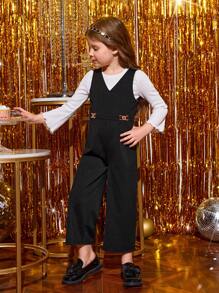 SHEIN Young Girl Solid Overall Jumpsuit Without Tee - Black - View 6