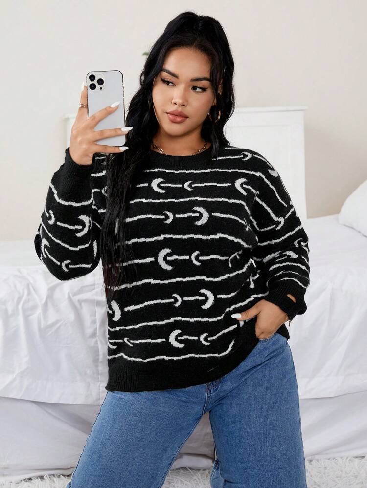 Plus Moon Pattern Drop Shoulder Sweater Knit Pullover Fall Winter Sweater