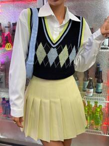 SHEIN Qutie 1入組菱形印花條紋飾邊毛衣背心 - 黑色 - 查看 4