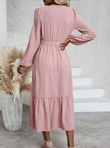 SHEIN Clasi Chấm Swiss Tay áo lồng đèn Xù Hoa Sen Váy có thắt lưng - Hồng - Xem 2