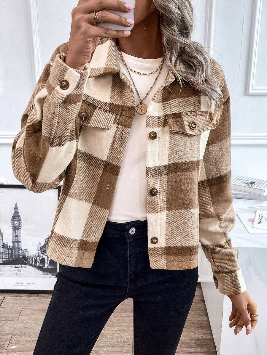 SHEIN LUNE Plaid Print Drop Shoulder Flap Detail Jacket - Brown - View 1