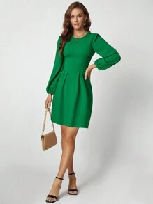 SHEIN Clasi Váy tay áo đèn lồng rắn - màu xanh lá - Xem 4