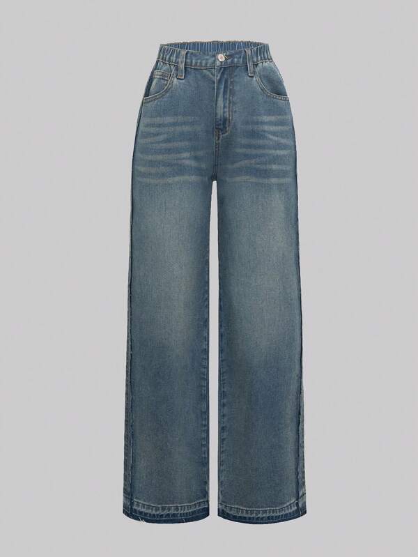 SHEIN Tween Girls Casual Vintage Raw Hem Straight Leg Washed Slim Fit Jeans