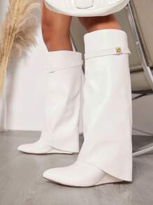 SHUZIA 最热门的白色迷人人造皮革女式坡跟尖头长靴圣诞秋冬款 - 白色 - 查看 7