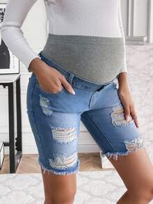 SHEIN 孕婦寬腰帶破洞抽鬚毛邊牛仔短褲 - 藍色 - 查看 6