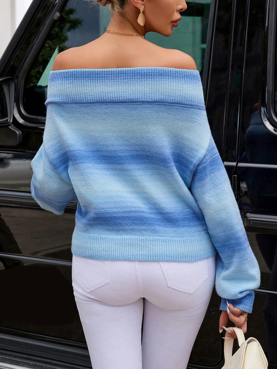 Ombre Off Shoulder Drop Shoulder Sweater