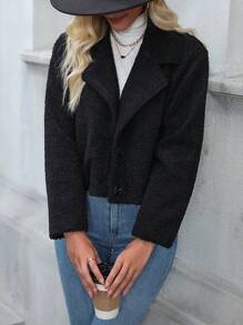 SHEIN Essnce Cazadora teddy de cuello con solapa con bolsillo oblicuo - Negro - Ver 5