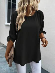 EMERY ROSE Solid Knot Cuff Batwing Sleeve Blouse - Black - View 6