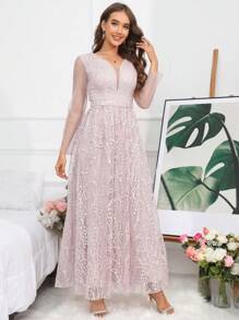 SHEIN Belle Lớp phủ lưới Đầm dài - Hồng - Xem 1