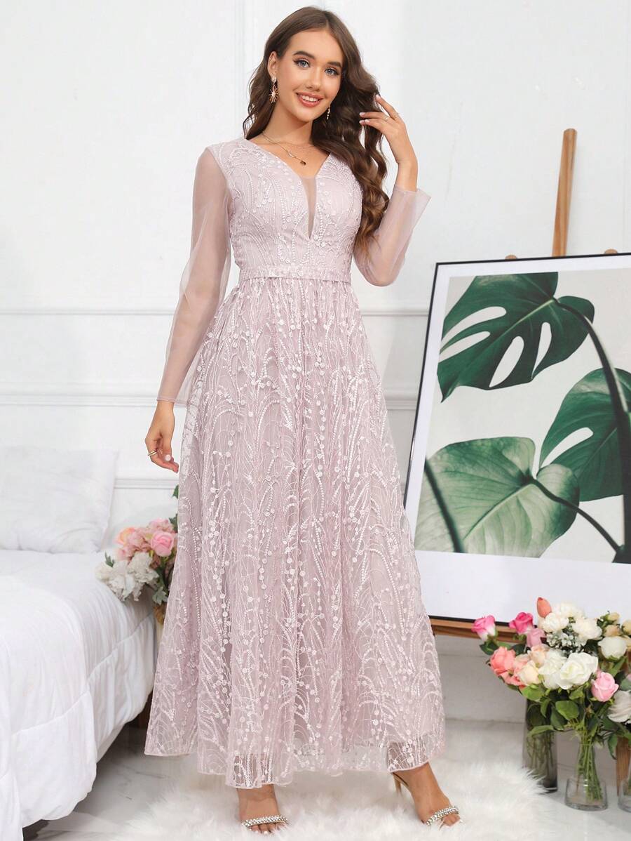 SHEIN Belle Lớp phủ lưới Đầm dài - Hồng - Xem 1