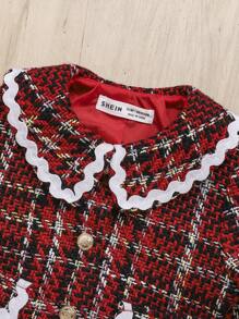 SHEIN Baby Girl Plaid Print Statement Collar Jacket & Mesh Overlay Dress