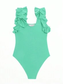 SHEIN Swim 胸部褶皺荷葉邊連體泳衣 - 綠色 - 查看 3