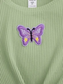 SHEIN Chica Joven con parche de mariposa bajo con nudo Camiseta & Pantalones acampanados - verde menta - Ver 4