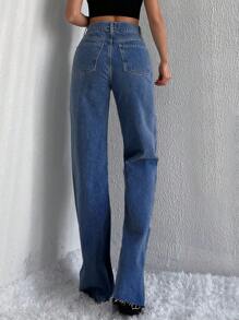 EURMUSE 高腰阔腿牛仔裤 - 中等水洗藍 - 查看 4