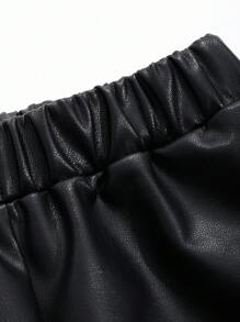 DAZY Elastic Waist Slant Pocket PU Leather Wide Leg Pants - Black - View 4
