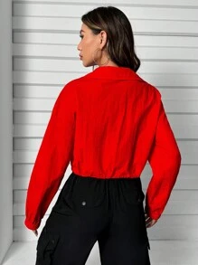 SHEIN Unity 字母補丁細節拉鏈開襟落肩袖夾克 - 紅色 - 查看 2