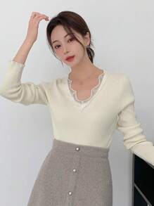 DAZY 蕾絲拼接條紋針織套頭毛衣 - 杏色 - 查看 15