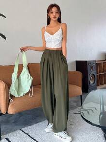 DAZY Solid Drawstring Hem Trousers - Army Green - View 7