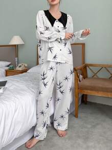 DAZY Women Pajama Sets Kontras Kerah Tombol Depan Plants - Hitam - View 1