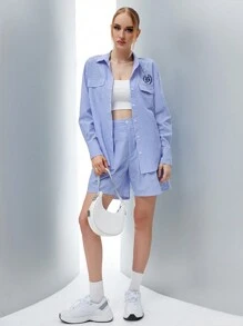 SHEIN Qutie Striped Print Drop Shoulder Shirt & Shorts - Blue - View 3