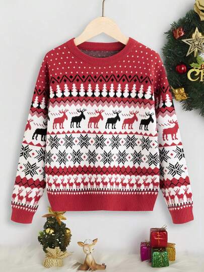 SHEIN Chico preadolescente Jersey alce de Navidad & con patrón geométrico