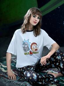 Rick and Morty X SHEIN Cartoon Graphic Drop Shoulder Tee & Pants PJ Set - Multicolor - View 6