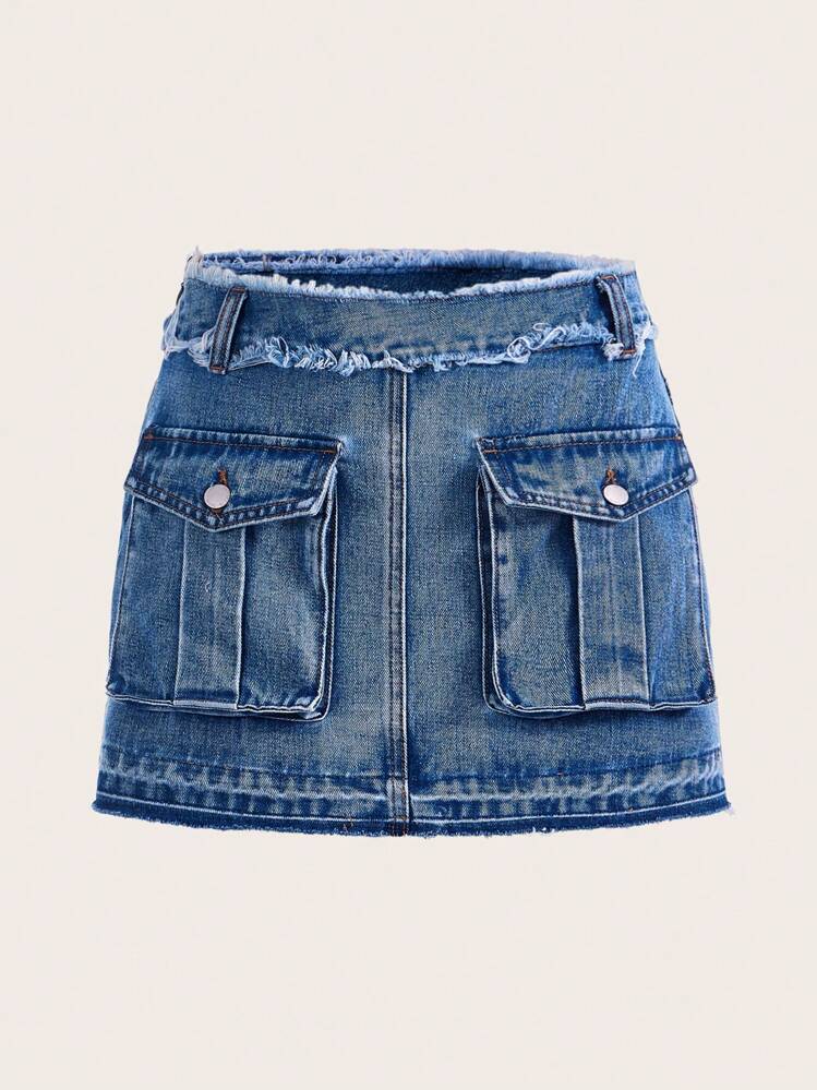SHEIN ICON Flap Pocket Raw Trim Denim Skirt | SHEIN USA
