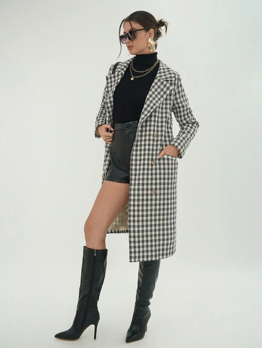 SHEIN Essnce Gingham Print Double Breasted Coat - Black and White - View 1