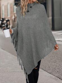 SHEIN LUNE 紐扣細節蝙蝠袖流蘇邊針織斗篷 - 灰色 - 查看 7