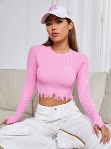 SHEIN EZwear Slogan Embroidery Raglan Sleeve Distressed Crop Sweater