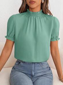 SHEIN Privé Frill Trim Puff Sleeve Blouse - Green - View 6