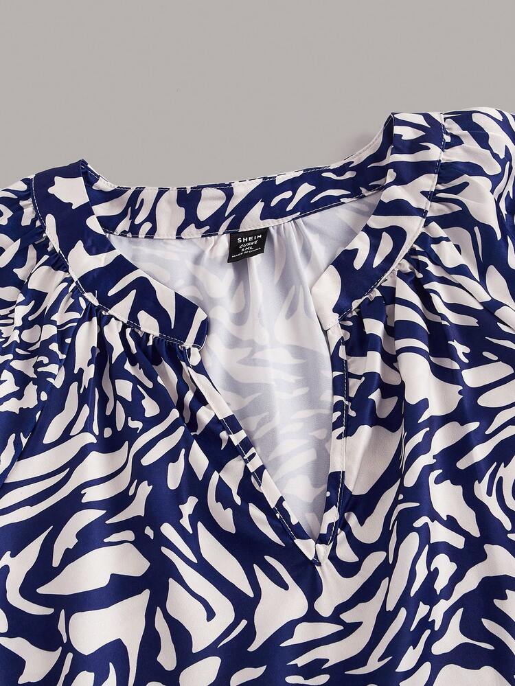 Plus Allover Print Notched Neckline Lantern Sleeve Blouse