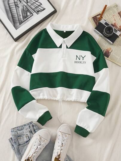 INAWLY Sudadera corta de cuello polo con gráfico de letras, bloqueo de color y dobladillo con cordón, manga larga