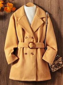 SHEIN Tween Girl 1pc Double Breasted Belted Overcoat - Camel - View 1