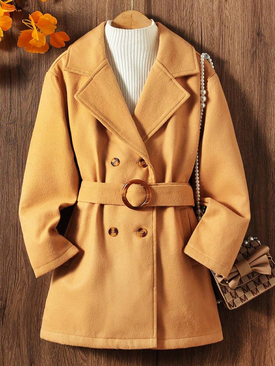SHEIN Tween Girl 1pc Double Breasted Belted Overcoat - Camel - View 1