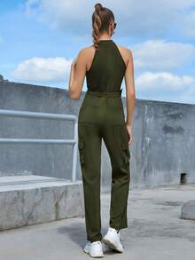 Eilly Bazar Zip Up Dual Pocket Belted Halter Jumpsuit - Army Green - View 2