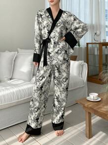 DAZY Floral Print Contrast Trim Knot Side PJ Set - Black and White - View 6