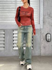 SHEIN EZwear Đồ họa Khẩu hiệu Lưới Áo Không có áo ngực - Đỏ - Xem 5